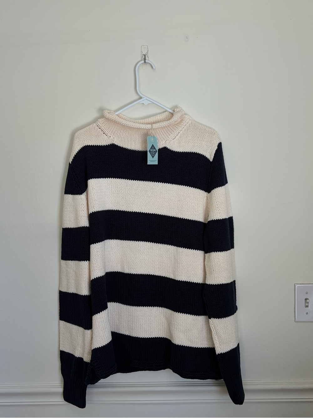 Quaker Marine Supply Men's Striped Crewneck Sweater in Navy and Cream